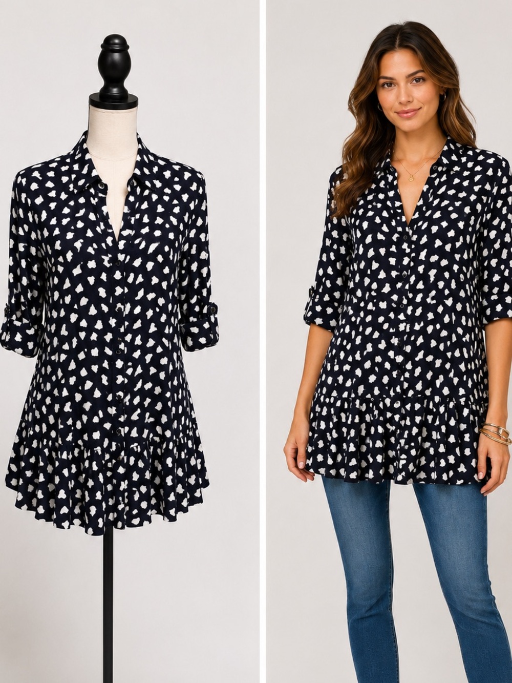 Anthropologie 11-1 Tylho Heart Print Peplum Tunic Top Small‎ Navy White  Boho
